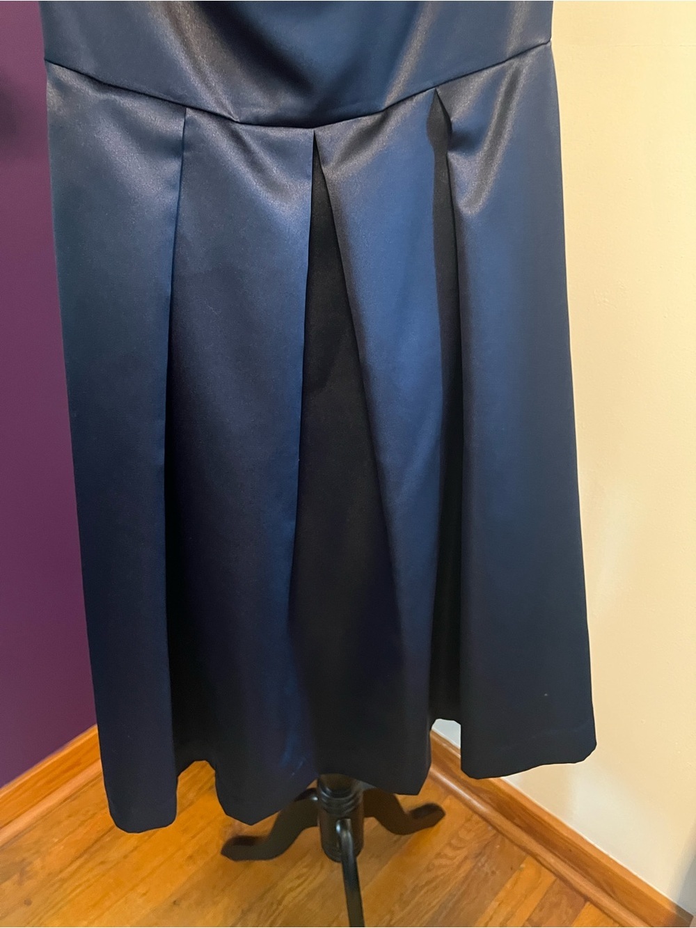 After Six Navy Satin Strapless Dress with Pleated Skirt - Picture 3 of 7